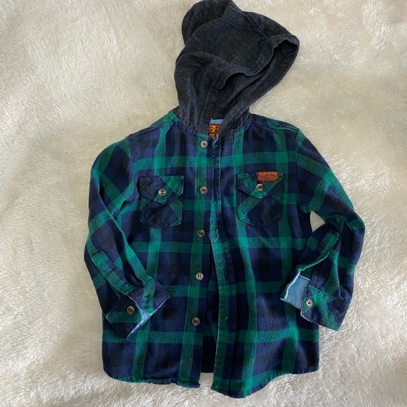 7 For All Mankind Other - 7 For All Mankind Green and Blue Plaid Hooded Button Down Shirt Boys 18 Months